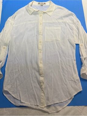 iris Long-Sleeve White Button-Down Collared Shirt with Roll Tab Sleeves, Women’s